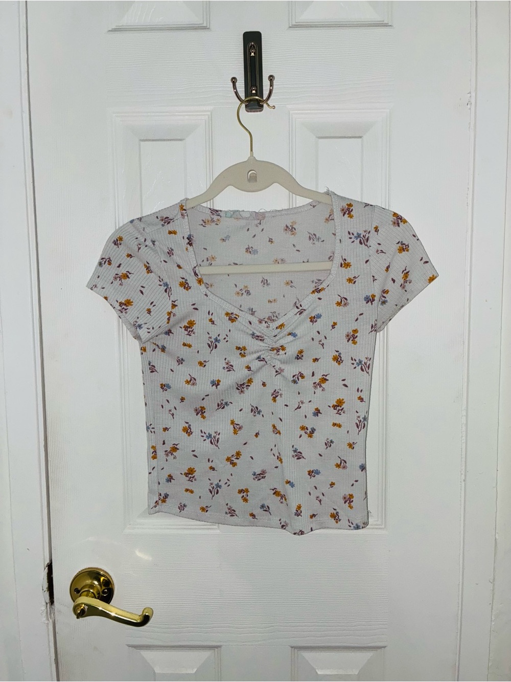 Floral Twist-Front Short Sleeve Top - White with Yellow Floral